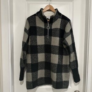 2/$40 My Style | Women’s Large Black and Cream Gray Plaid Quater Zip Sweater